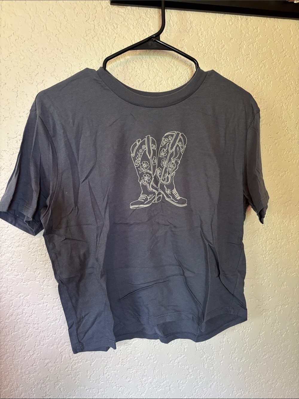 Blue Grey Graphic Tee with Cowboy Boots Print